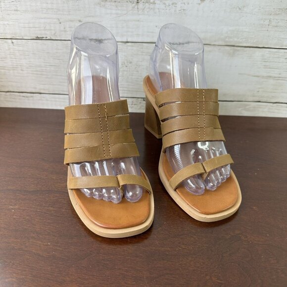 Lucky Brand Women's Bazzra Leather Thong Block Heel Slides Size 7 Tan Brown - Picture 1 of 10